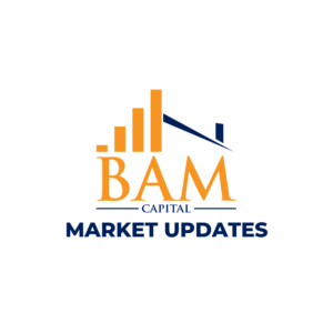 BAM Capital Market Updates logo with orange bar chart and blue roof graphic above the text “BAM Capital.” “Market Updates” is written in bold blue letters below. The background is white.