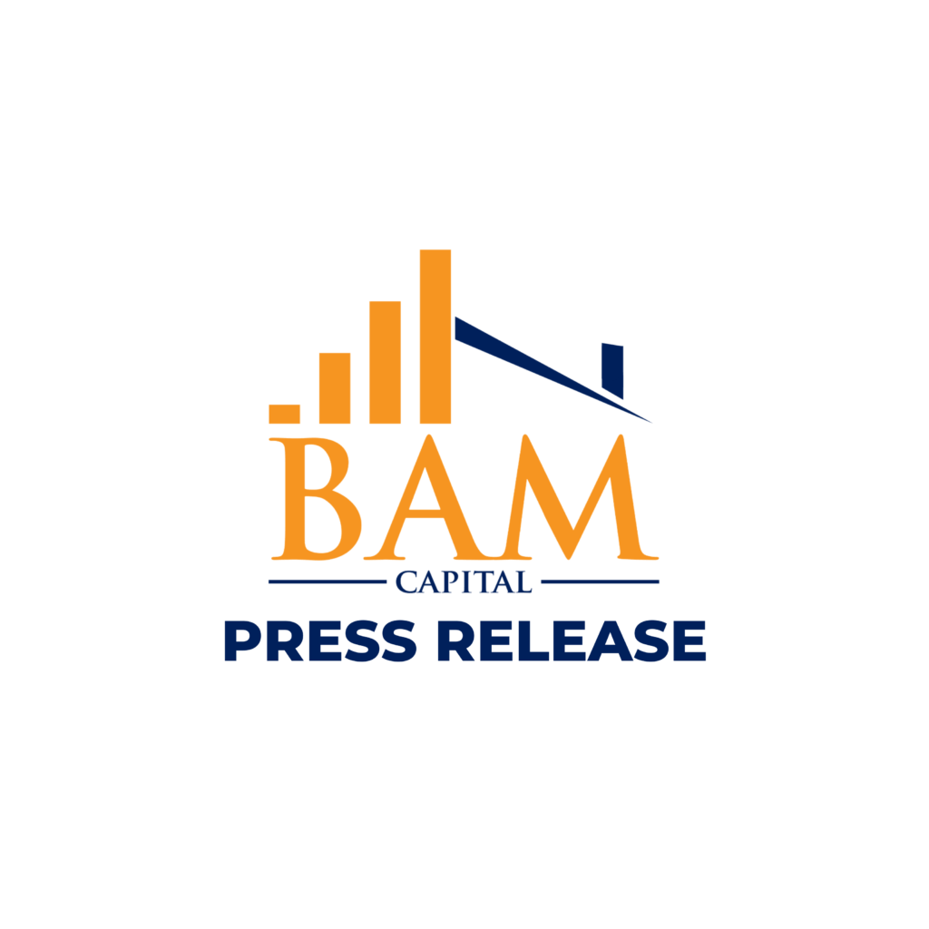 BAM Capital logo with orange bar chart and roof graphic above company name; “PRESS RELEASE” is written below in bold blue letters on a white background.