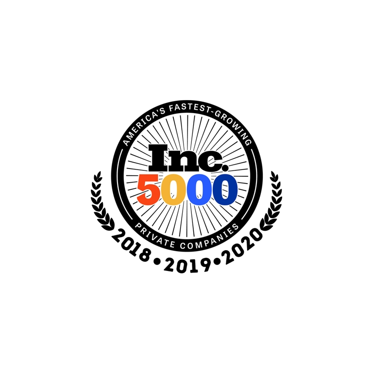 A circular badge reads Inc. 5000 in black, orange, red, blue, and light blue, with America’s Fastest-Growing Private Companies and 2018 • 2019 • 2020 around the edge, flanked by black laurel branches.