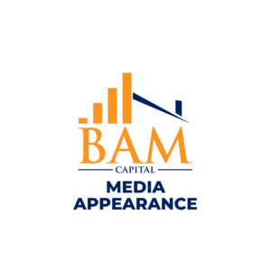 Logo with orange bar chart and stylized roof above the text BAM Capital. Below, in blue, it reads MEDIA APPEARANCE on a white background.