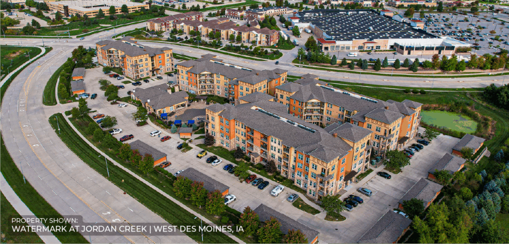 Aerial view of a large apartment complex with multiple buildings, surrounded by parking lots, greenery, and nearby roads in West Des Moines, Iowa. The property is labeled as Watermark at Jordan Creek.