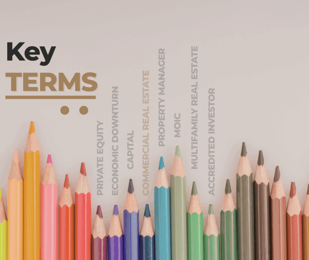 Colored pencils arranged in a row from left to right, with the words Key Terms in bold on the left. Faded finance and real estate terms are listed vertically above the pencils.