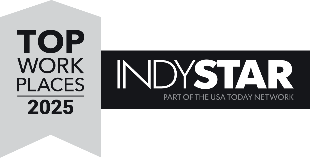 A badge with Top Workplaces 2025 on a gray ribbon next to the IndyStar logo, which says, INDYSTAR Part of the USA Today Network in black and white.