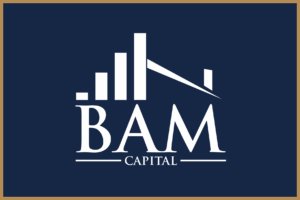 Logo for BAM Capital featuring white bar graph elements and stylized text on a dark blue background with a gold border. BAM is in large letters above CAPITAL in smaller font.
