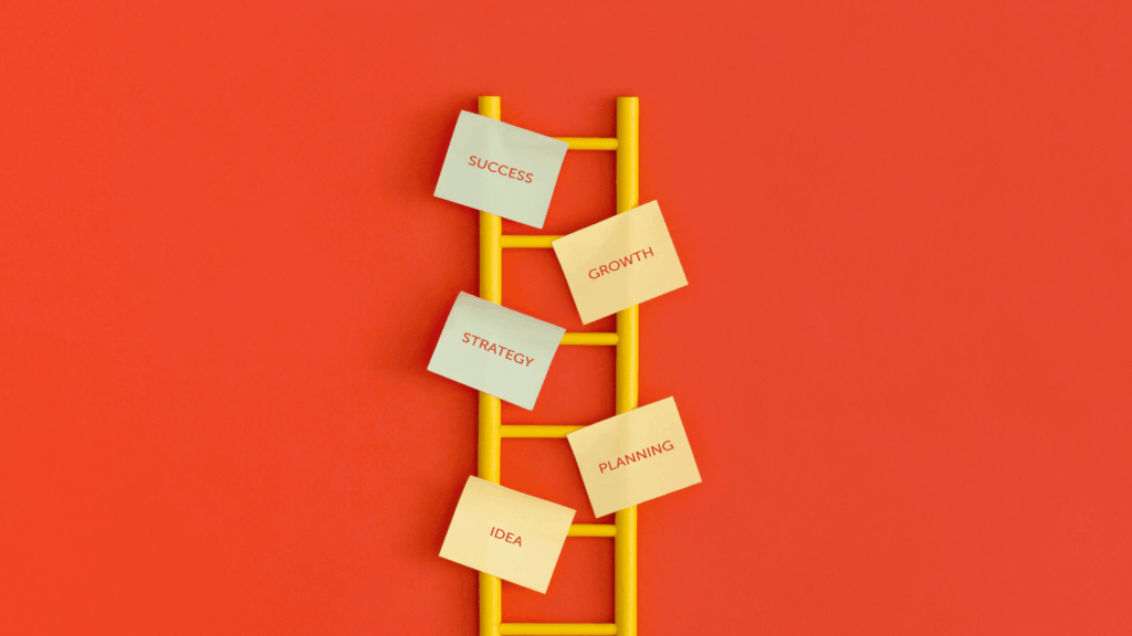 A yellow ladder against an orange background with sticky notes on its rungs labeled: SUCCESS, GROWTH, STRATEGY, PLANNING, and IDEA, representing steps to achieve goals.