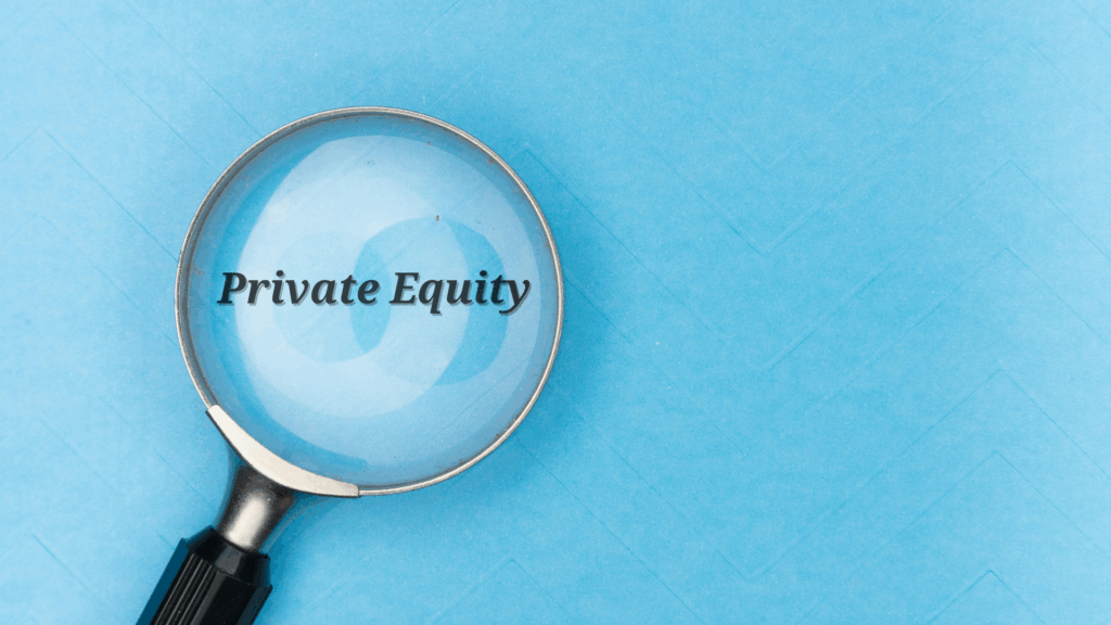 A magnifying glass placed over a blue background highlights the words Private Equity in clear, bold text.