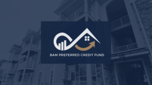 Logo for BAM Preferred Credit Fund featuring a stylized house roof, window, and upward trending bar graph on a dark blue background, overlaid on a photo of apartment buildings.