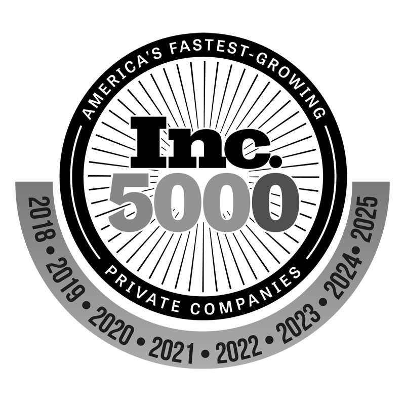 A circular badge labeled Americas Fastest-Growing Private Companies Inc. 5000, with a curved banner below showing years 2018 to 2025 in black, gray, and white.
