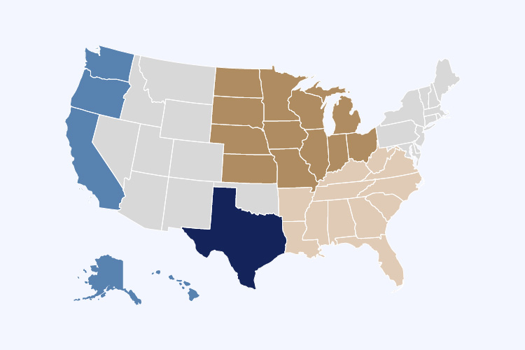 A map of the United States with states colored in five shades: Texas in dark blue, the West Coast and a few northern states in medium blue, the Midwest in brown, the Southeast in tan, and others in light gray.