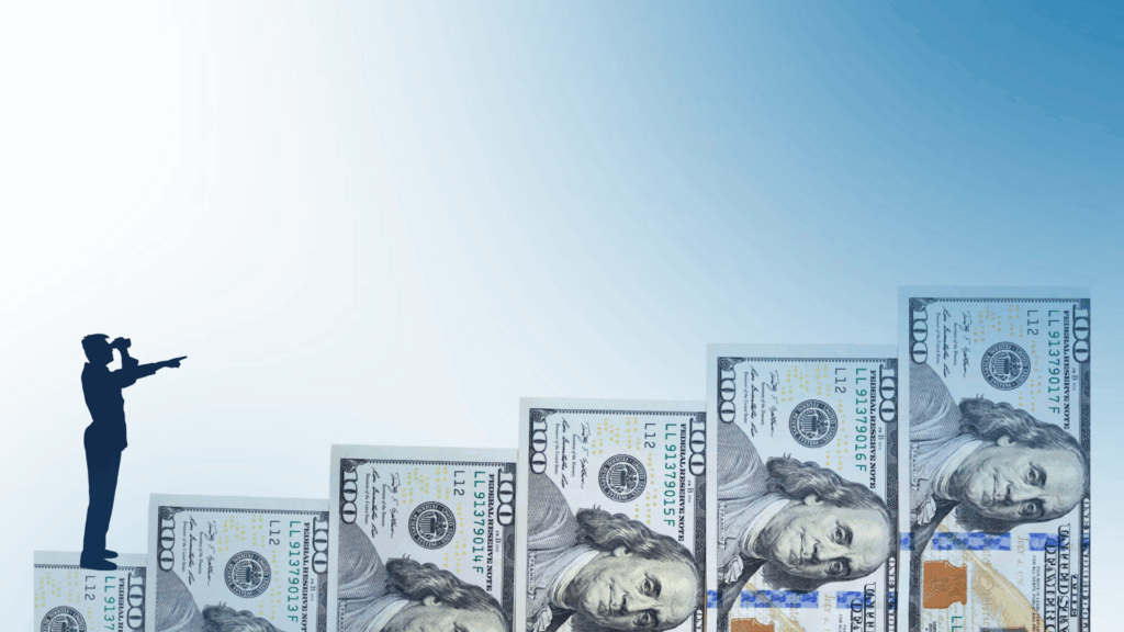 A silhouette of a person with a briefcase and telescope stands on ascending stacks of 100-dollar bills, symbolizing financial growth and future planning against a blue gradient background.