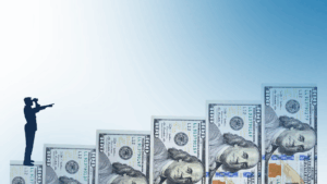 A silhouette of a person with a briefcase and telescope stands on ascending stacks of 100-dollar bills, symbolizing financial growth and future planning against a blue gradient background.
