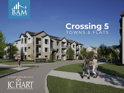 People walk on a curved sidewalk in front of modern, three-story apartment buildings under a clear blue sky. Signs read Crossing 5 Towns & Flats, with BAM Capital and JC Hart logos visible.