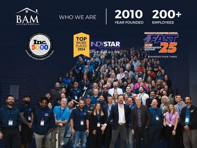A large group of BAM Companies employees pose together, smiling, under banners showing awards and stats: founded in 2010, over 200 employees, and multiple workplace awards including Inc. 5000, Top Workplaces 2024, and Fast 25.