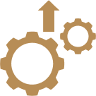 Two brown gears of different sizes with a brown upward arrow above them, symbolizing progress, improvement, or machinery operation.