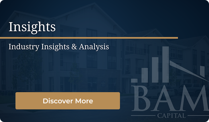 A dark blue banner with the words Insights, Industry Insights & Analysis and a gold Discover More button. The BAM Capital logo and a faint image of an apartment building are in the background.