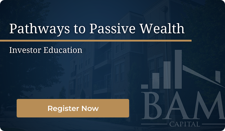 Dark blue graphic with Pathways to Passive Wealth and Investor Education in white text. A gold Register Now button is at the bottom. Faint image of an apartment building and BAM Capital logo in the background.