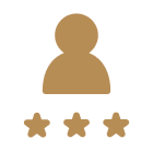 A brown icon of a person with three brown stars underneath on a light gray background, symbolizing a user or profile with a three-star rating.
