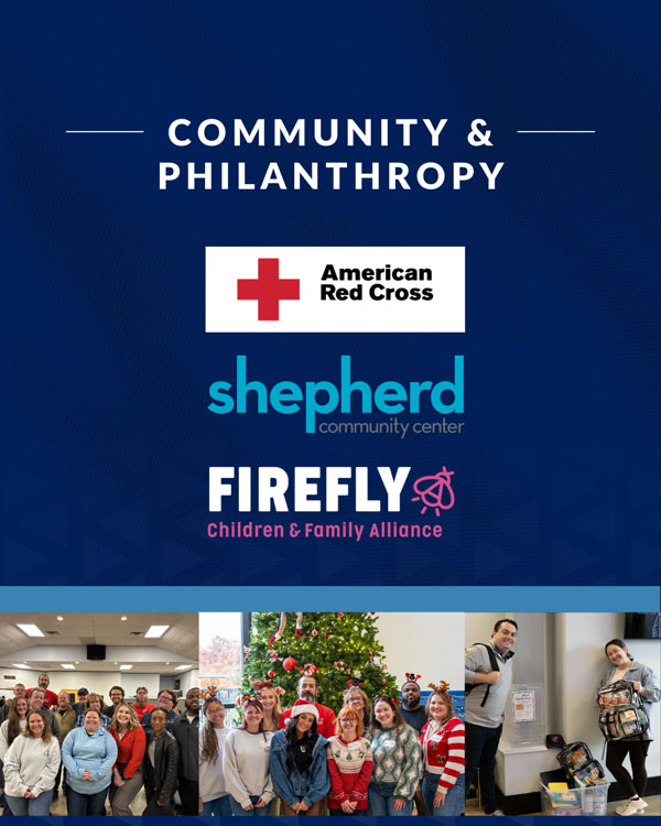 A graphic featuring “Community & Philanthropy” with logos for American Red Cross, Shepherd Community Center, and Firefly Children & Family Alliance above three photos of smiling volunteers at community events.