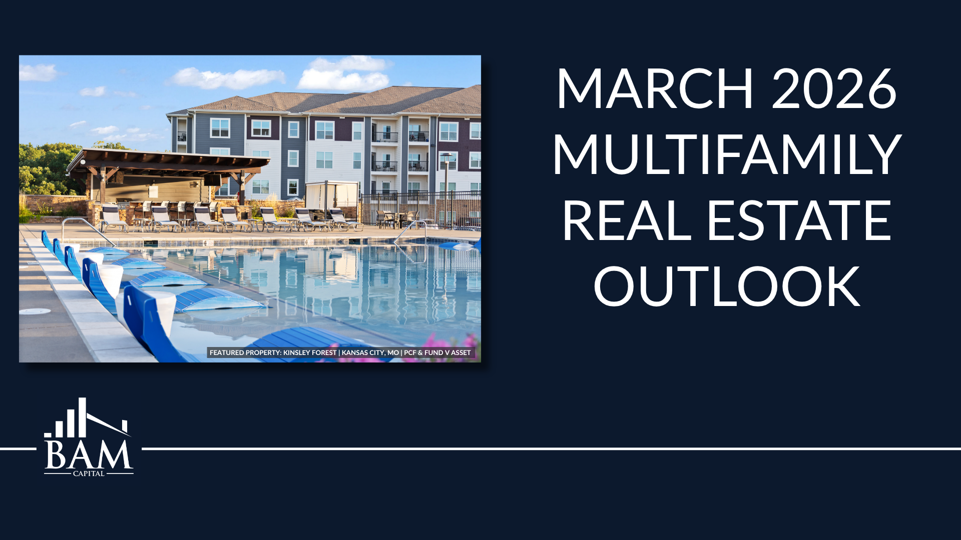 A modern apartment complex with a swimming pool and lounge chairs is shown on the left, with text on the right reading: March 2026 Multifamily Real Estate Outlook. BAM Capital logo appears in the lower left corner.