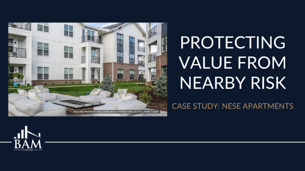 Hero image of a white multi-story apartment complex with an outdoor seating area; on the right, the title reads 'Protecting Value From Nearby Risk' with subtitle 'Case Study: NESE Apartments'