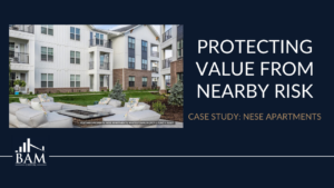 Hero image of a white multi-story apartment complex with an outdoor seating area; on the right, the title reads 'Protecting Value From Nearby Risk' with subtitle 'Case Study: NESE Apartments'