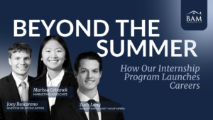 Banner with three interns in suits on a dark blue gradient, BAM logo visible, and text 'Beyond the Summer'.