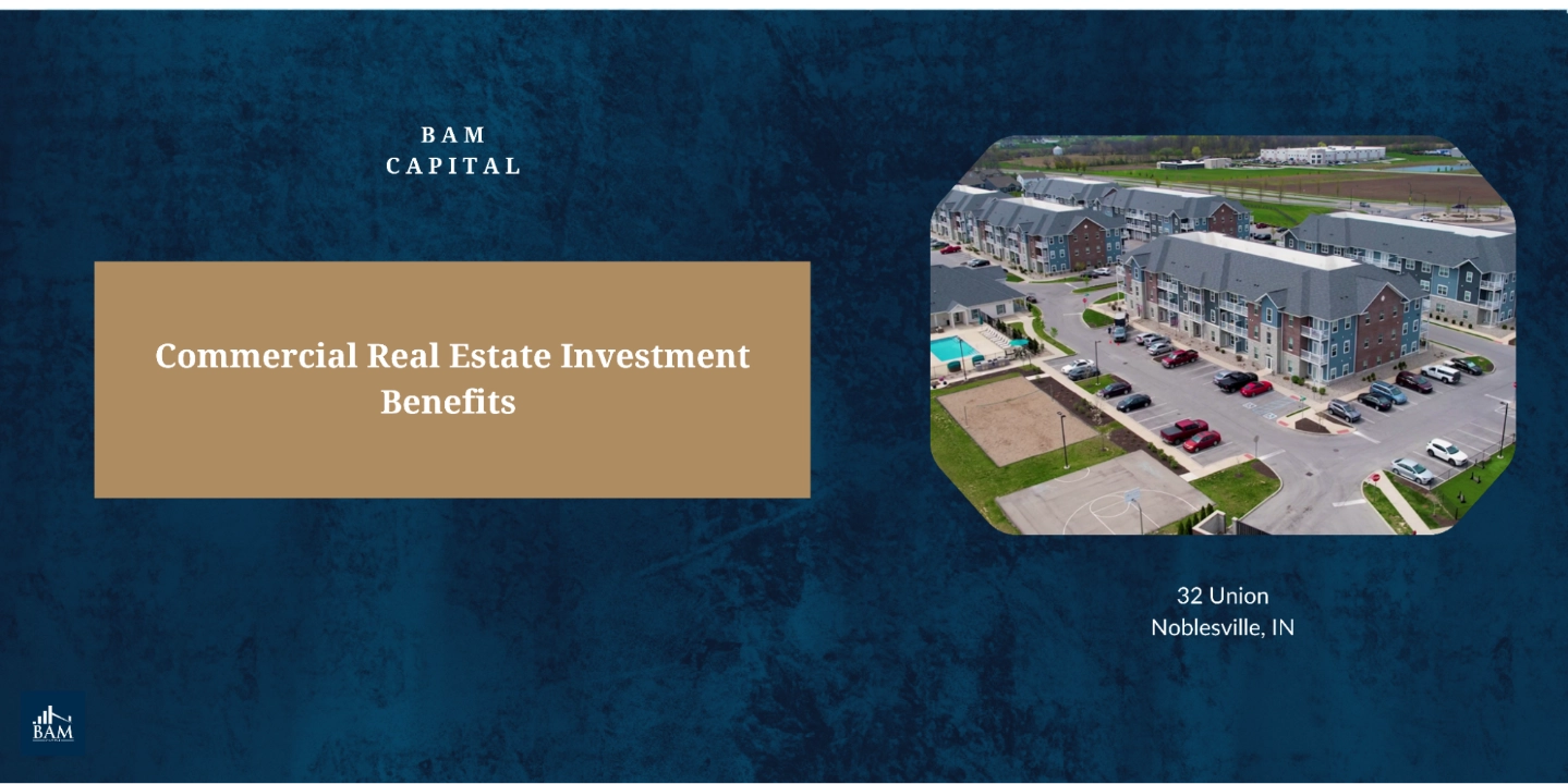 Branded graphic showing a multifamily apartment community used to illustrate commercial real estate investment benefits and income-producing property ownership.
