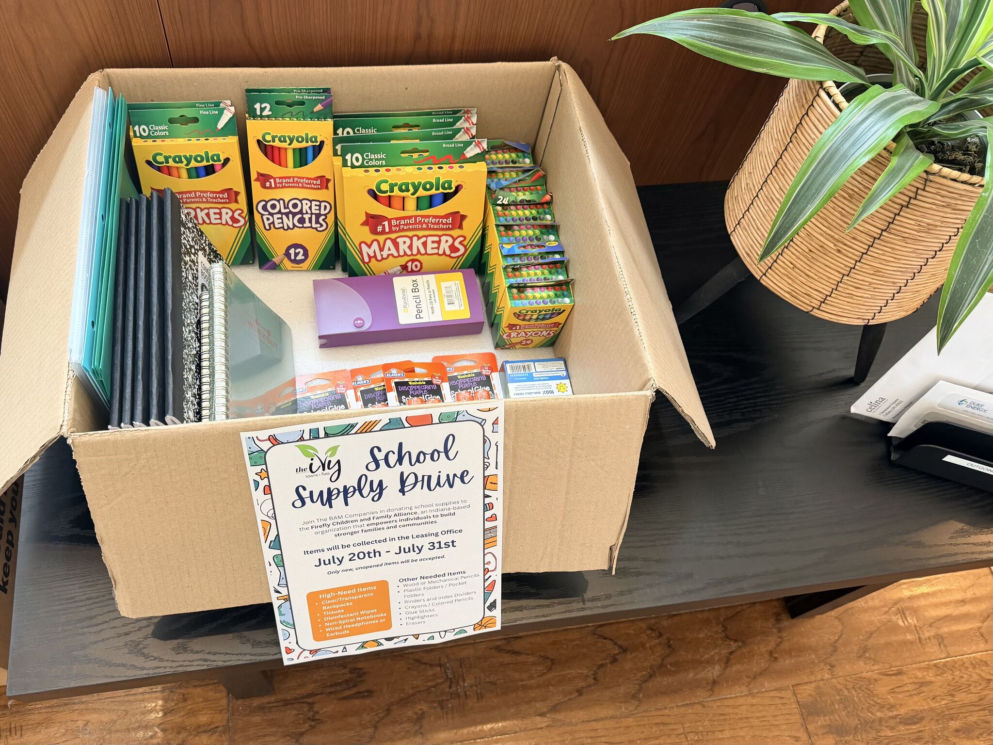 Back-to-school supplies for Firefly Children & Family Alliance